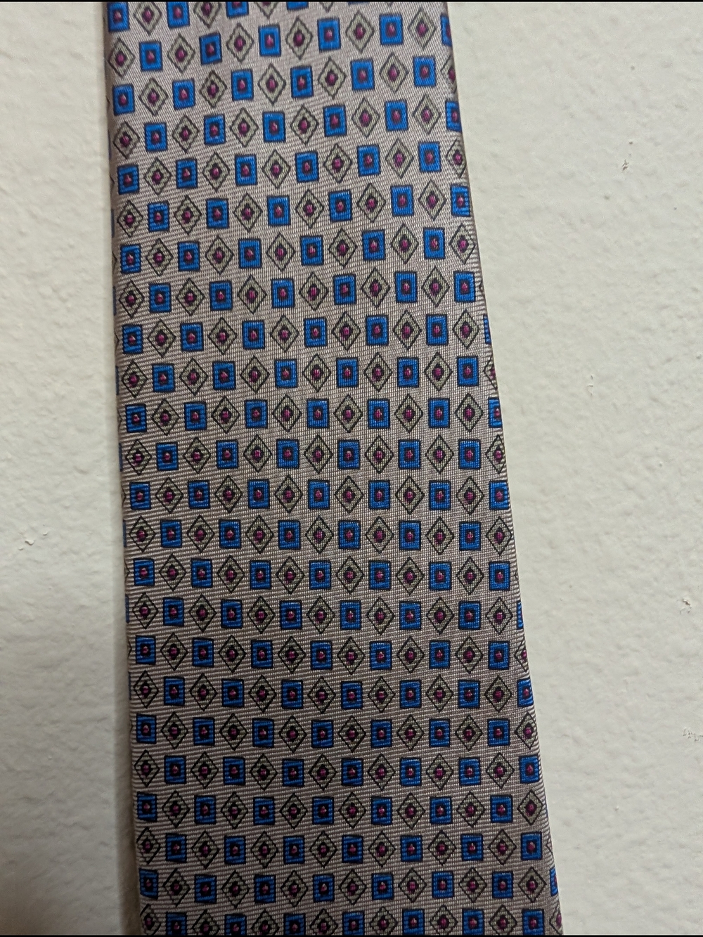 Mens Tie Taupe Gray Blue Burgundy Geometric Foulard All Silk Made in USA Vintage